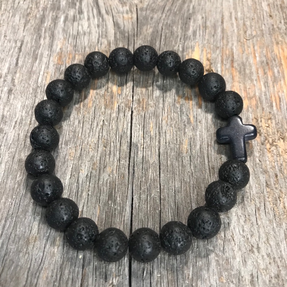 Black Lava Bead Black Christian Cross Bracelet - Picture 2 of 2